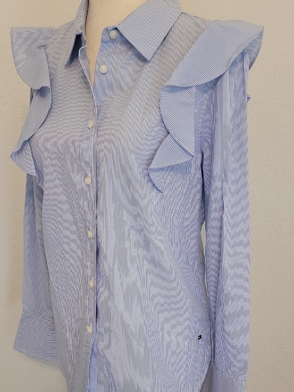 Tommy Hilfiger Light Blue & White Pinstripe Ruffle Button-Down Shirt